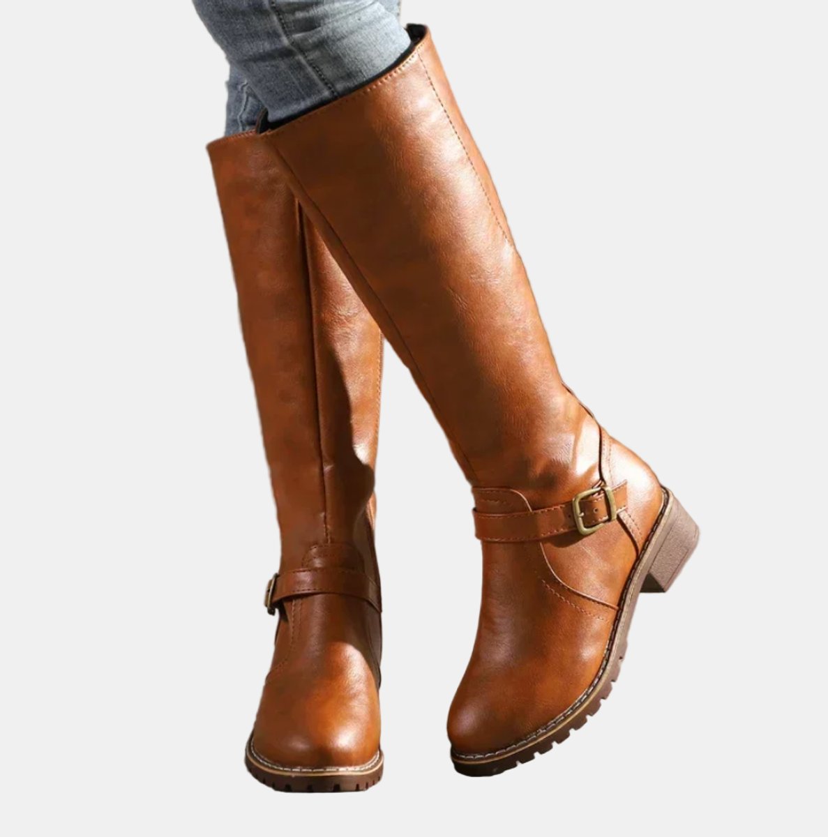 Women's Tall Riding Knee High Boots Buckle Strap Low Heel
