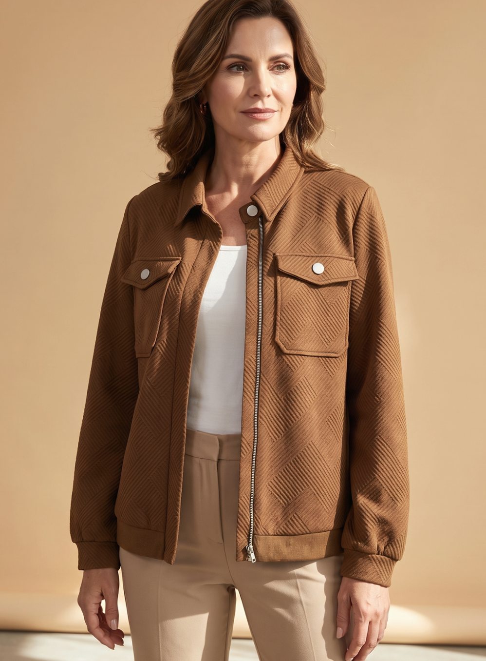Women's Textured Zip-Up Bomber Jacket - Coffee Brown
