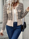 Women's Tweed-Style Button-Front Cropped Cardigan - Beige