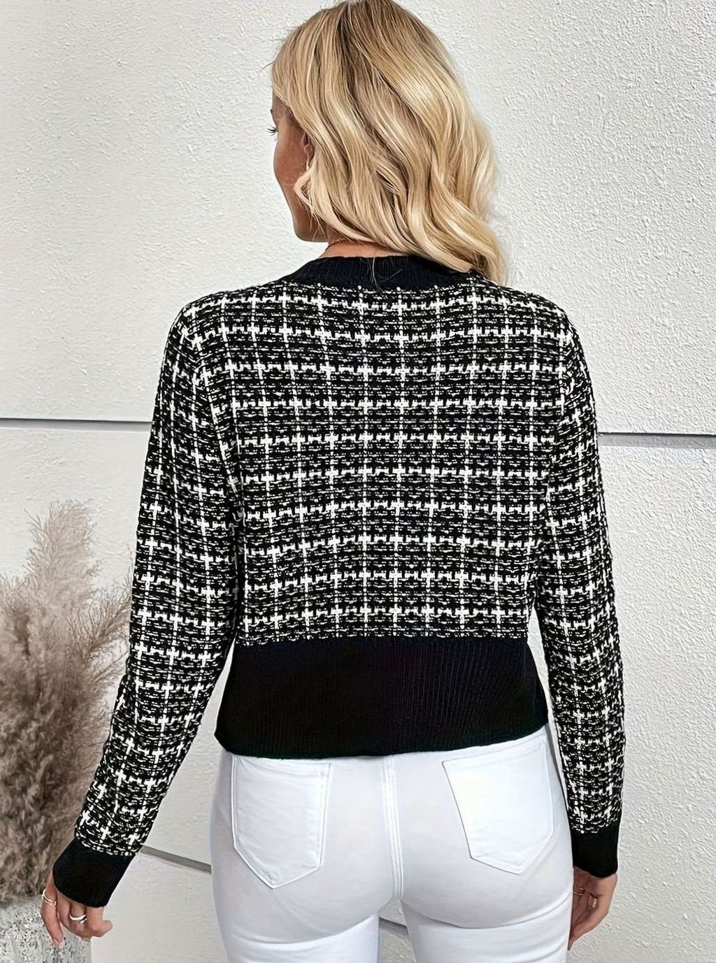 Women's Tweed-Style Button-Front Cropped Cardigan