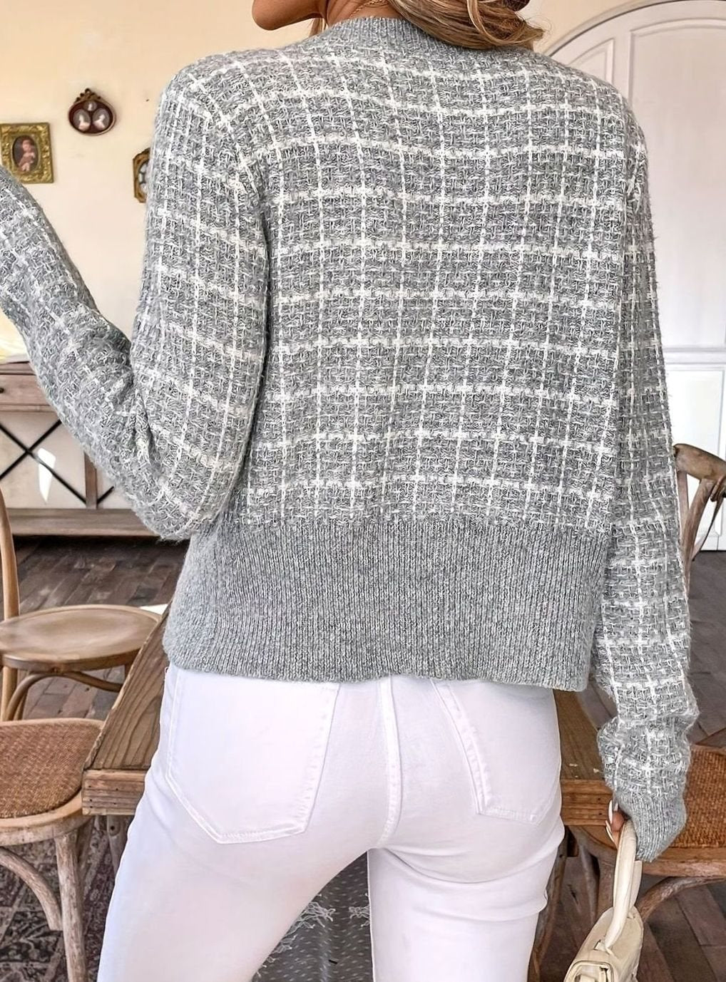 Women's Tweed-Style Button-Front Cropped Cardigan