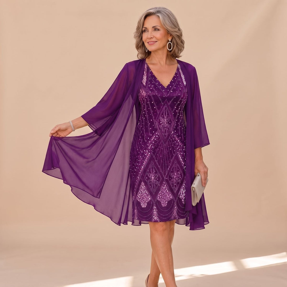 Women's Sequin Shift Dress with Chiffon Overlay Jacket - Purple