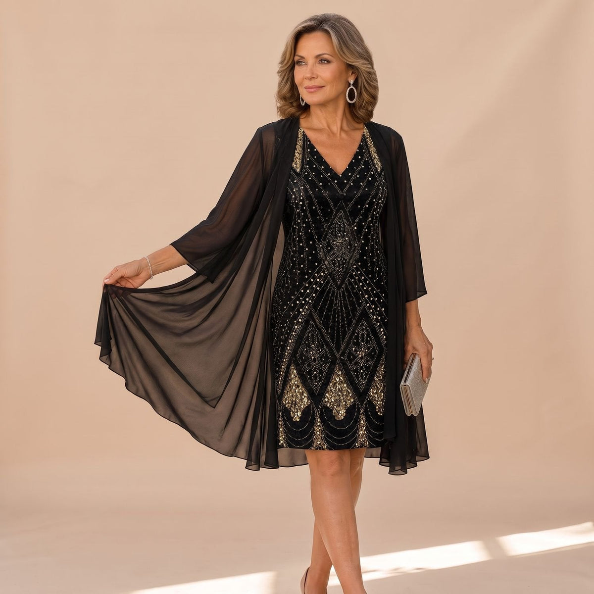 Women's Sequin Shift Dress with Chiffon Overlay Jacket - Black