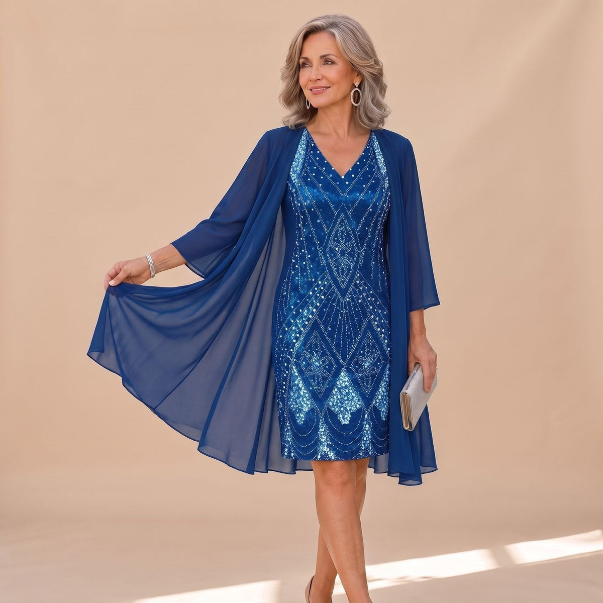 Women's Sequin Shift Dress with Chiffon Overlay Jacket - Blue