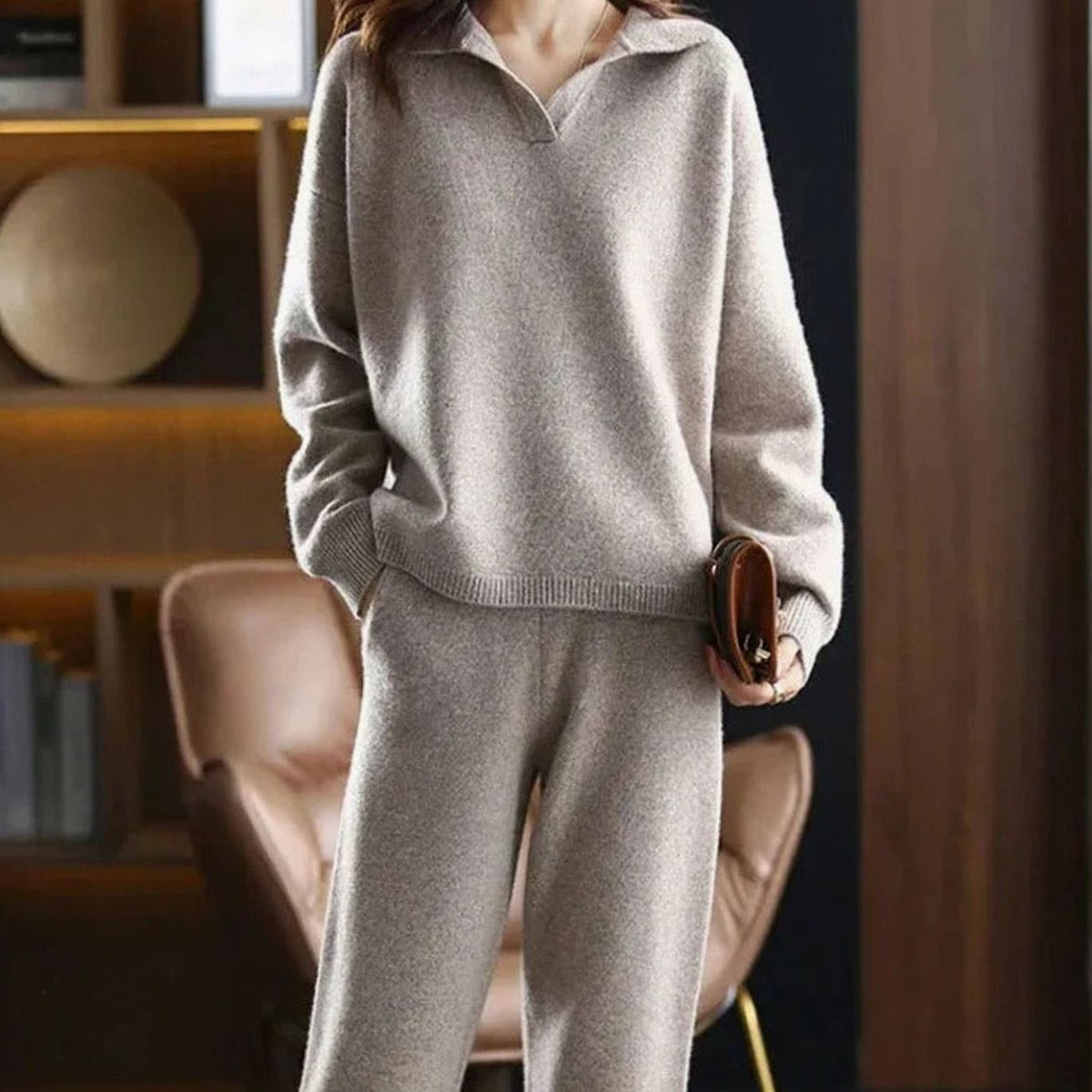 Women's Knit Collared Sweater and Wide-Leg Pants Set - Khaki