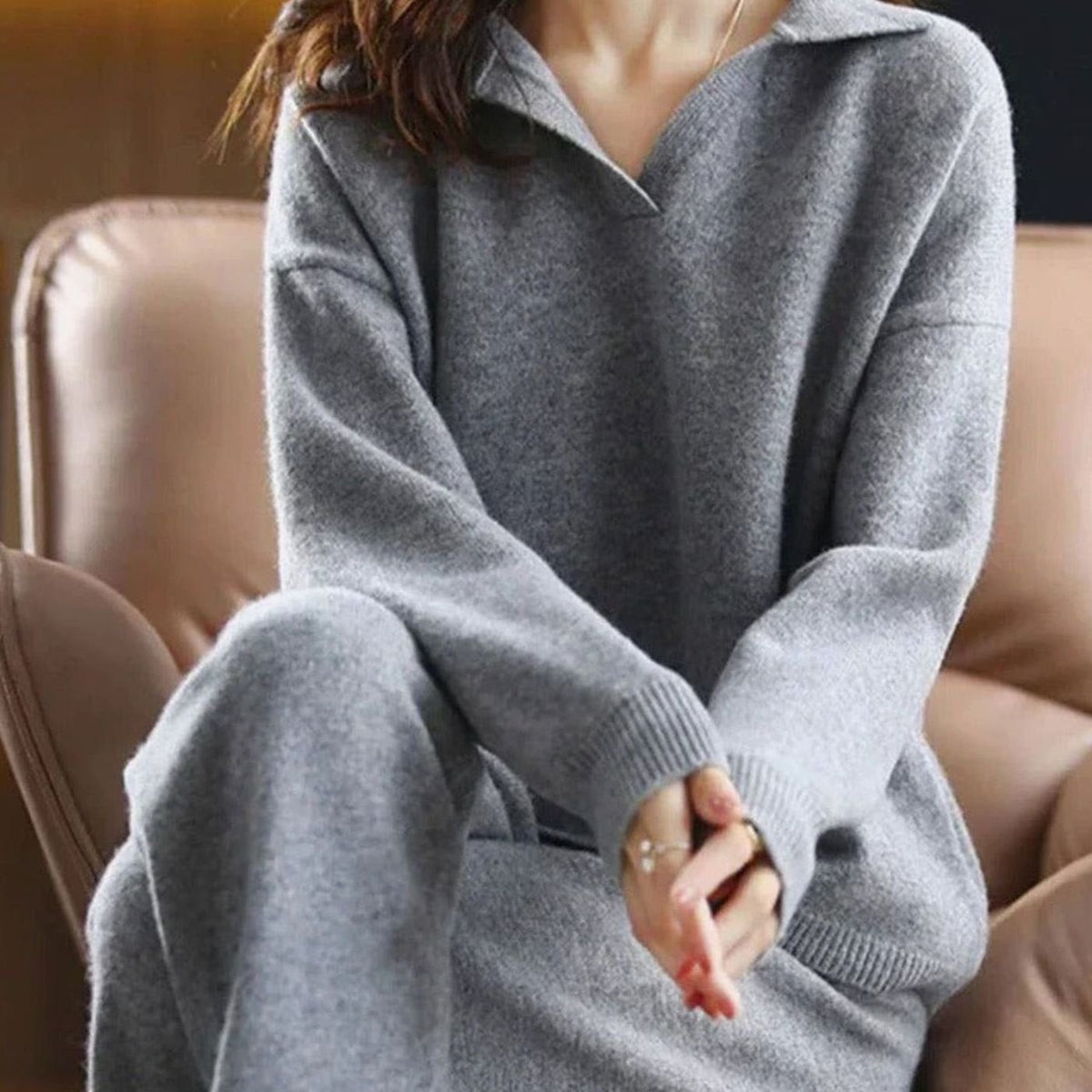 Women's Knit Collared Sweater and Wide-Leg Pants Set - Gray