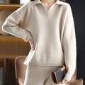 Women's Knit Collared Sweater and Wide-Leg Pants Set - Beige