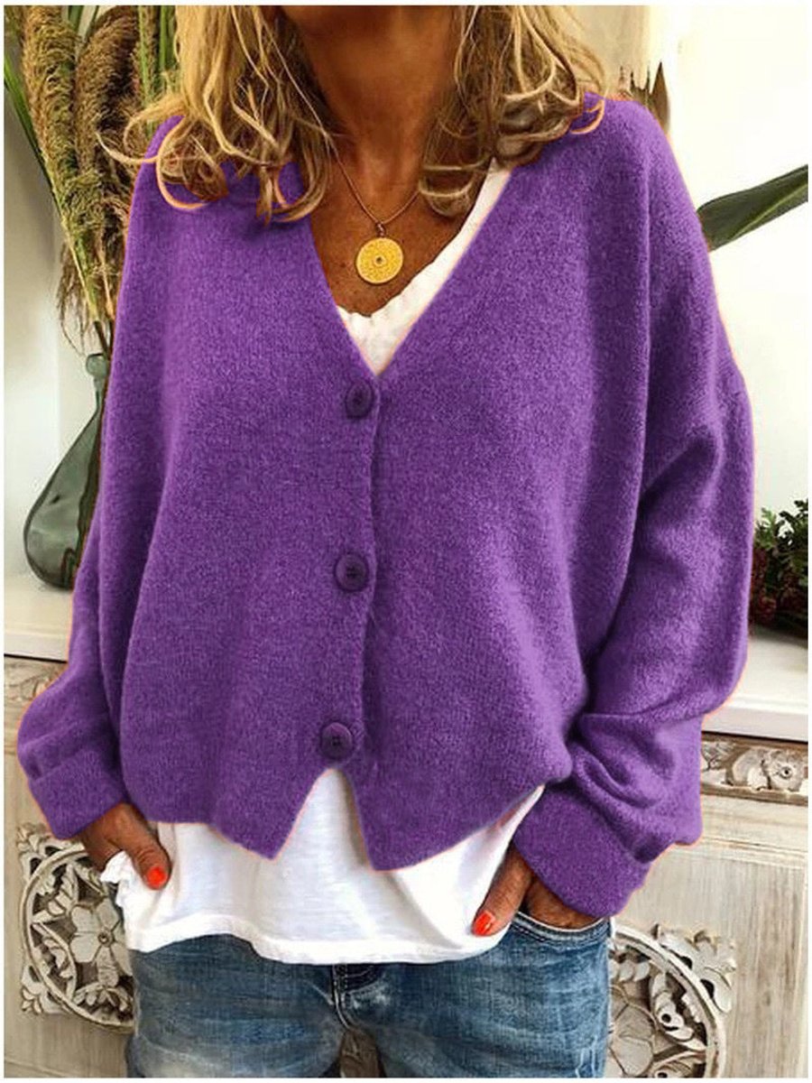 Women's V-Neck Button-Front Relaxed-Fit Knit Cardigan - Purple