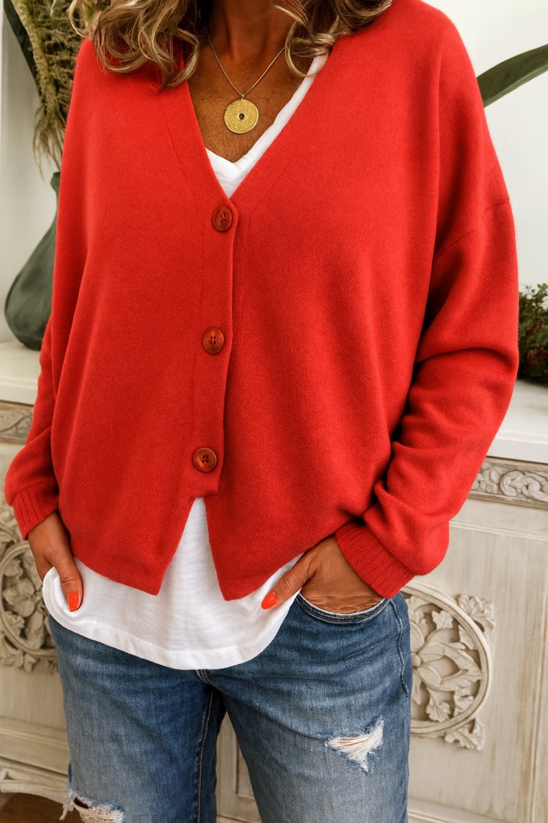Women's V-Neck Button-Front Relaxed-Fit Knit Cardigan - Red