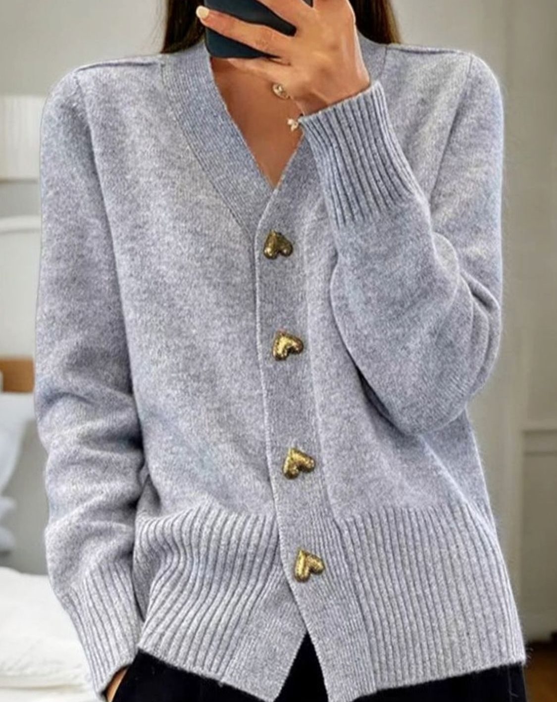 Women's Heart Button V-Neck Ribbed Knit Cardigan - Gray
