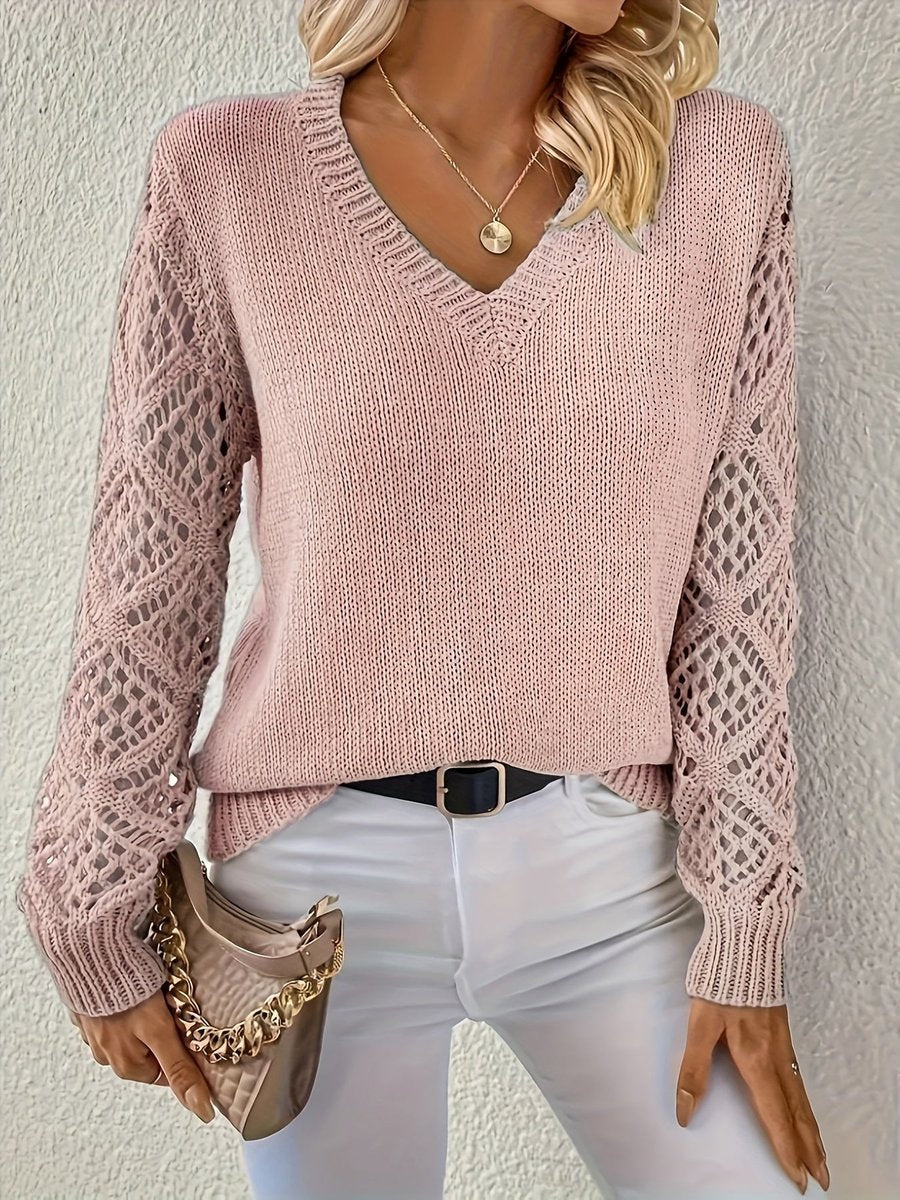Women's V-Neck Open-Weave Sleeve Knit Sweater - Pink
