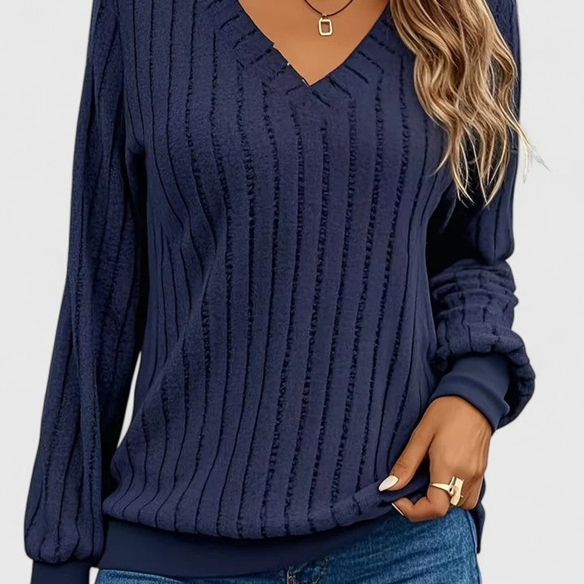 Women's V-Neck Ribbed Cable Knit Sweater - Navy Blue
