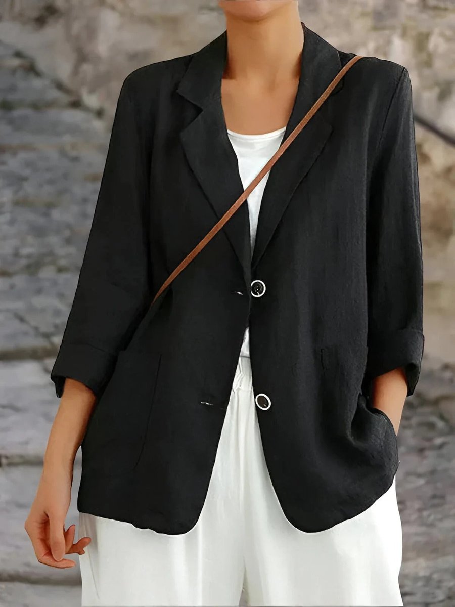 Women's Casual Linen Blazer Vest Jacket - Black