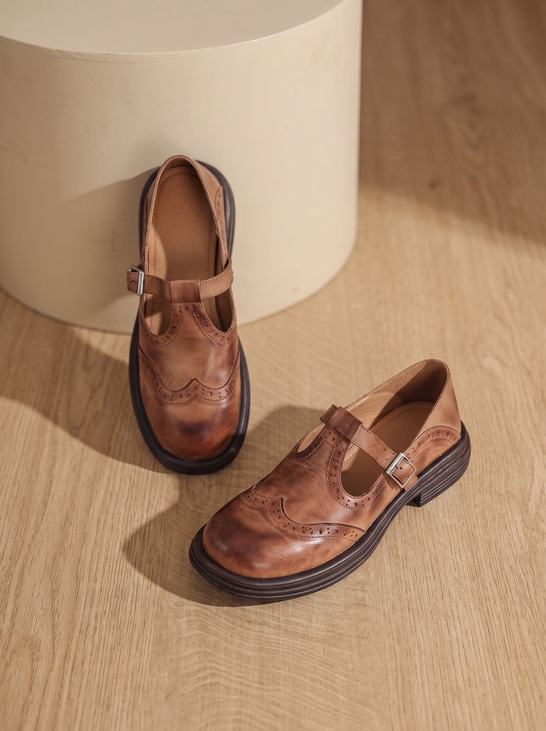 Women's Brogue Wingtip T-Strap Mary Jane Flats