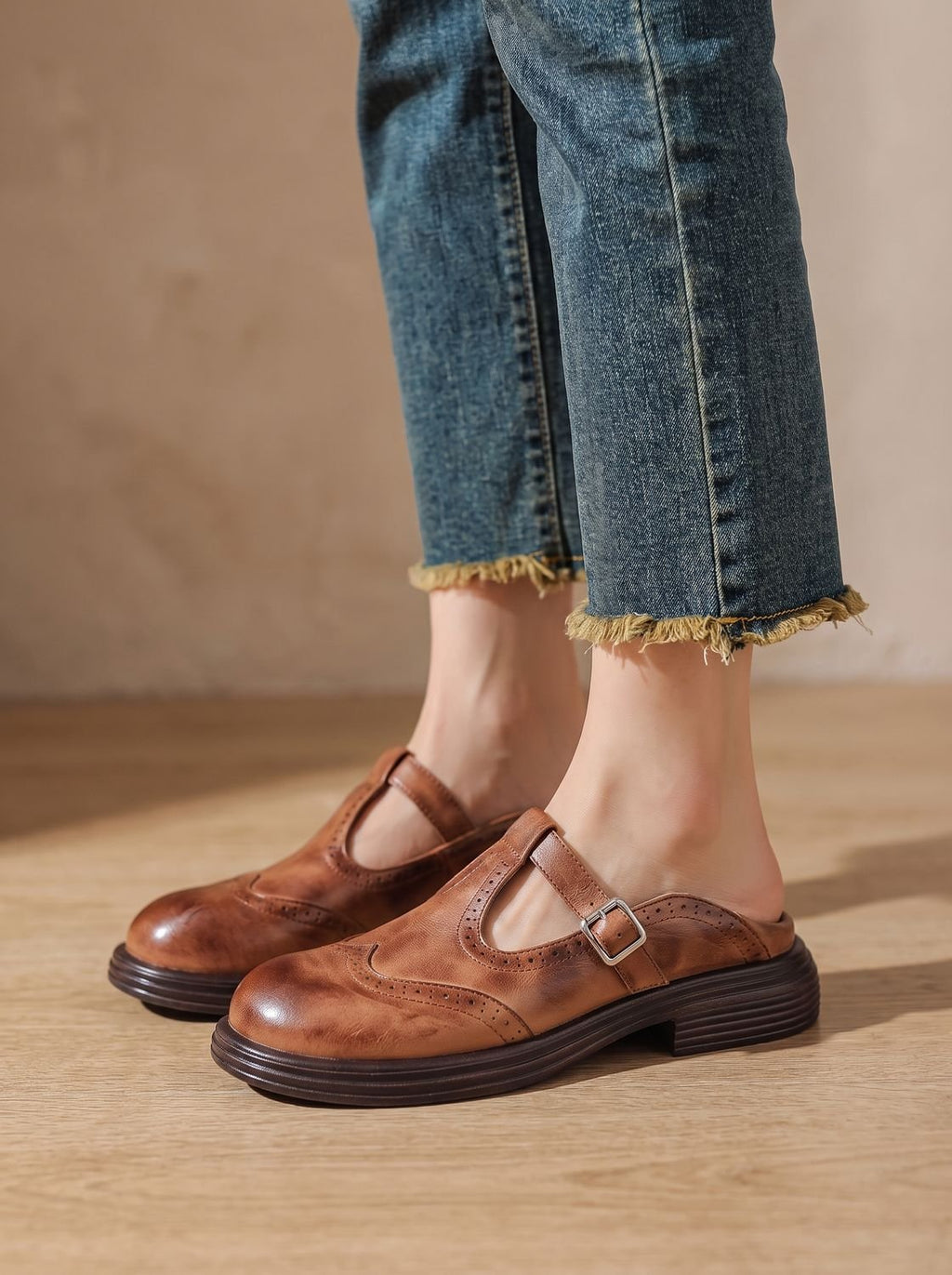 Women's Brogue Wingtip T-Strap Mary Jane Flats