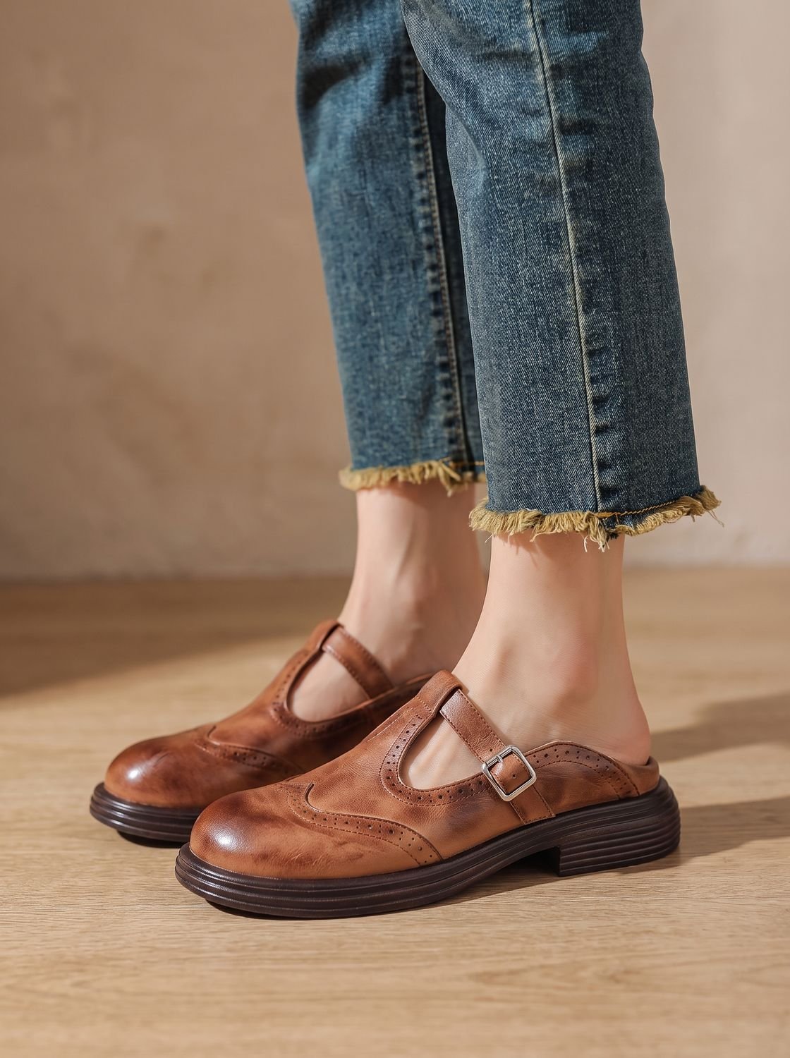 Women's Brogue Wingtip T-Strap Mary Jane Flats