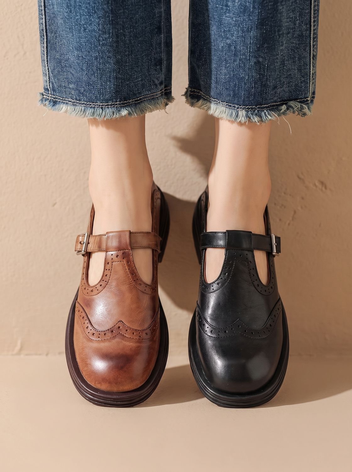 Women's Brogue Wingtip T-Strap Mary Jane Flats
