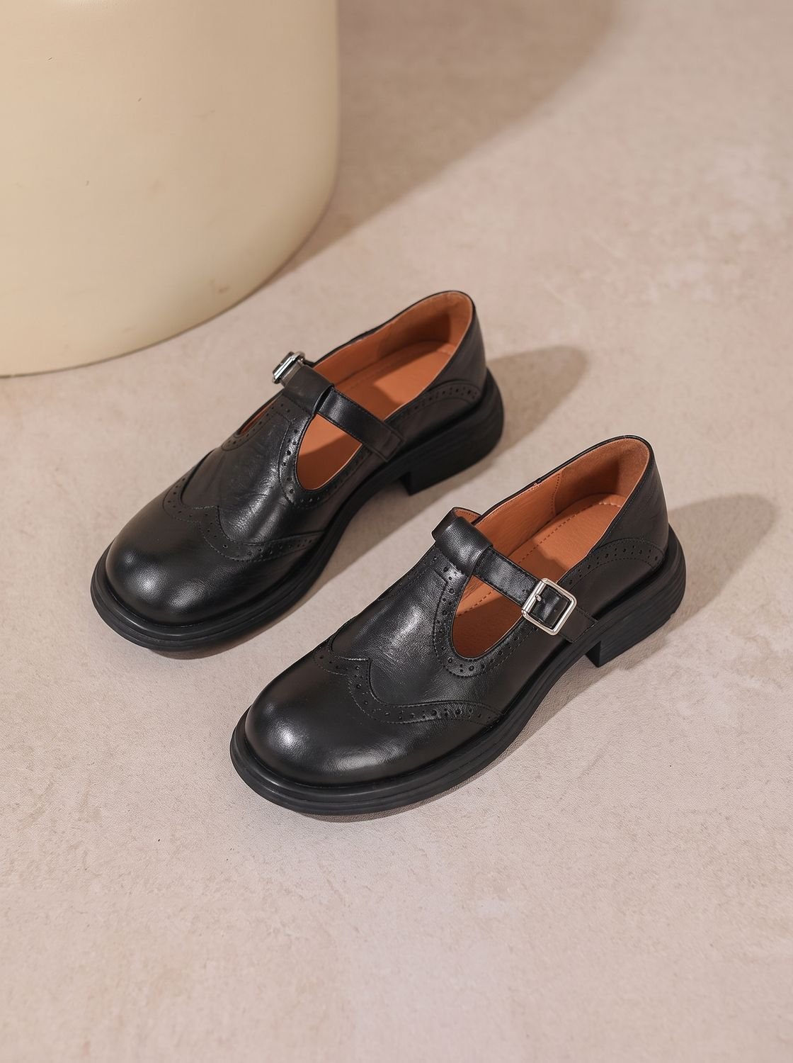 Women's Brogue Wingtip T-Strap Mary Jane Flats