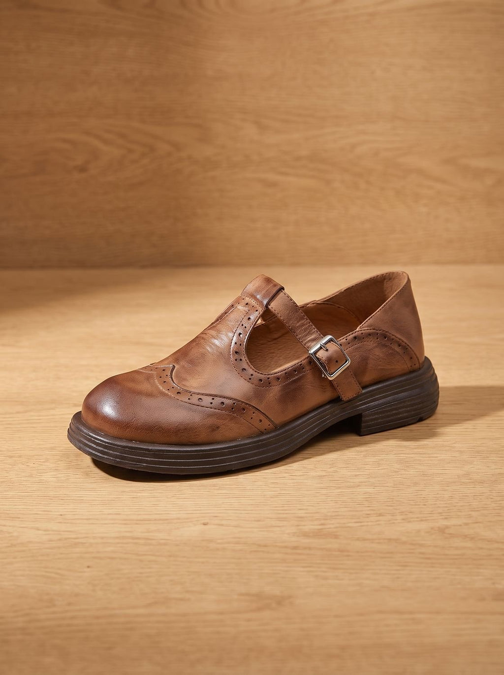 Women's Brogue Wingtip T-Strap Mary Jane Flats - Brown