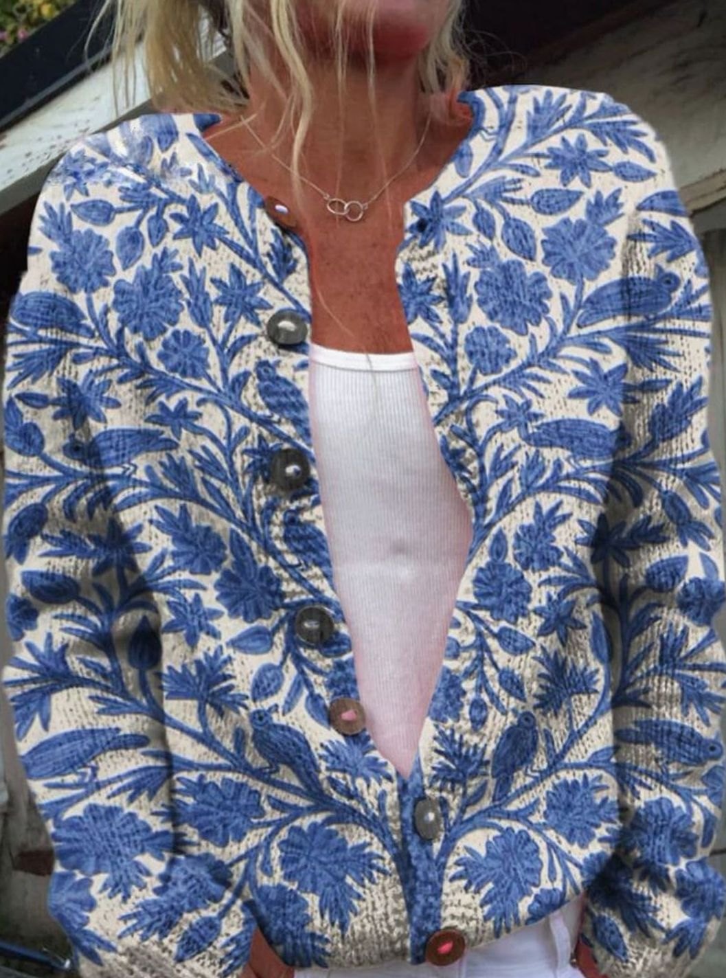 Women's Vintage Floral Button-Front Cardigan - Blue