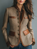 Women's Herringbone Tweed Leather-Trim Jacket - Brown