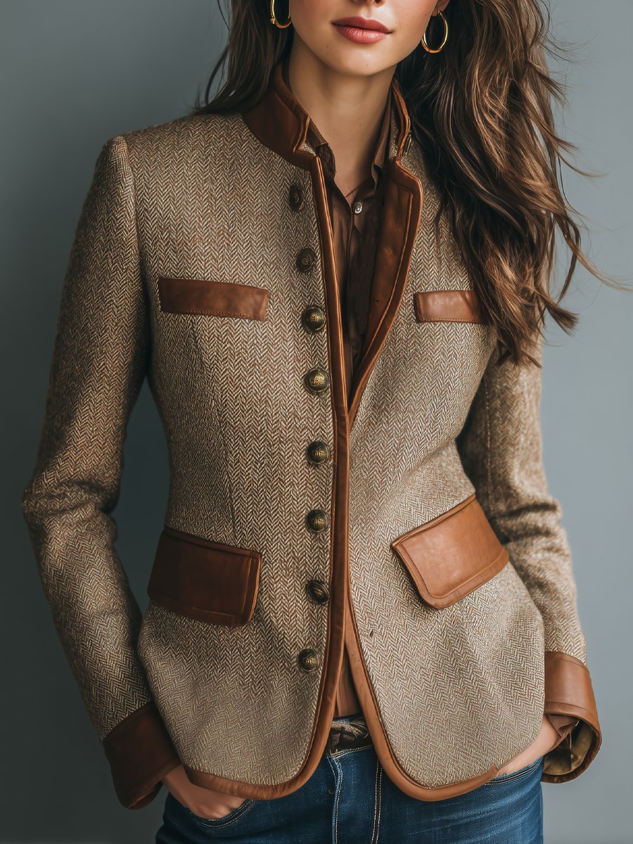 Women's Herringbone Tweed Leather-Trim Jacket