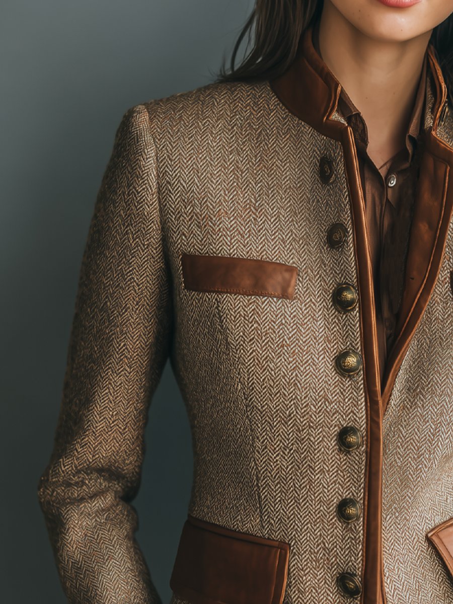 Women's Herringbone Tweed Leather-Trim Jacket
