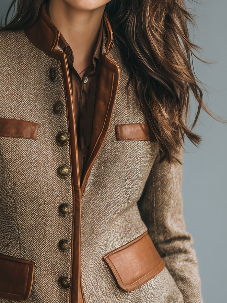 Women's Herringbone Tweed Leather-Trim Jacket