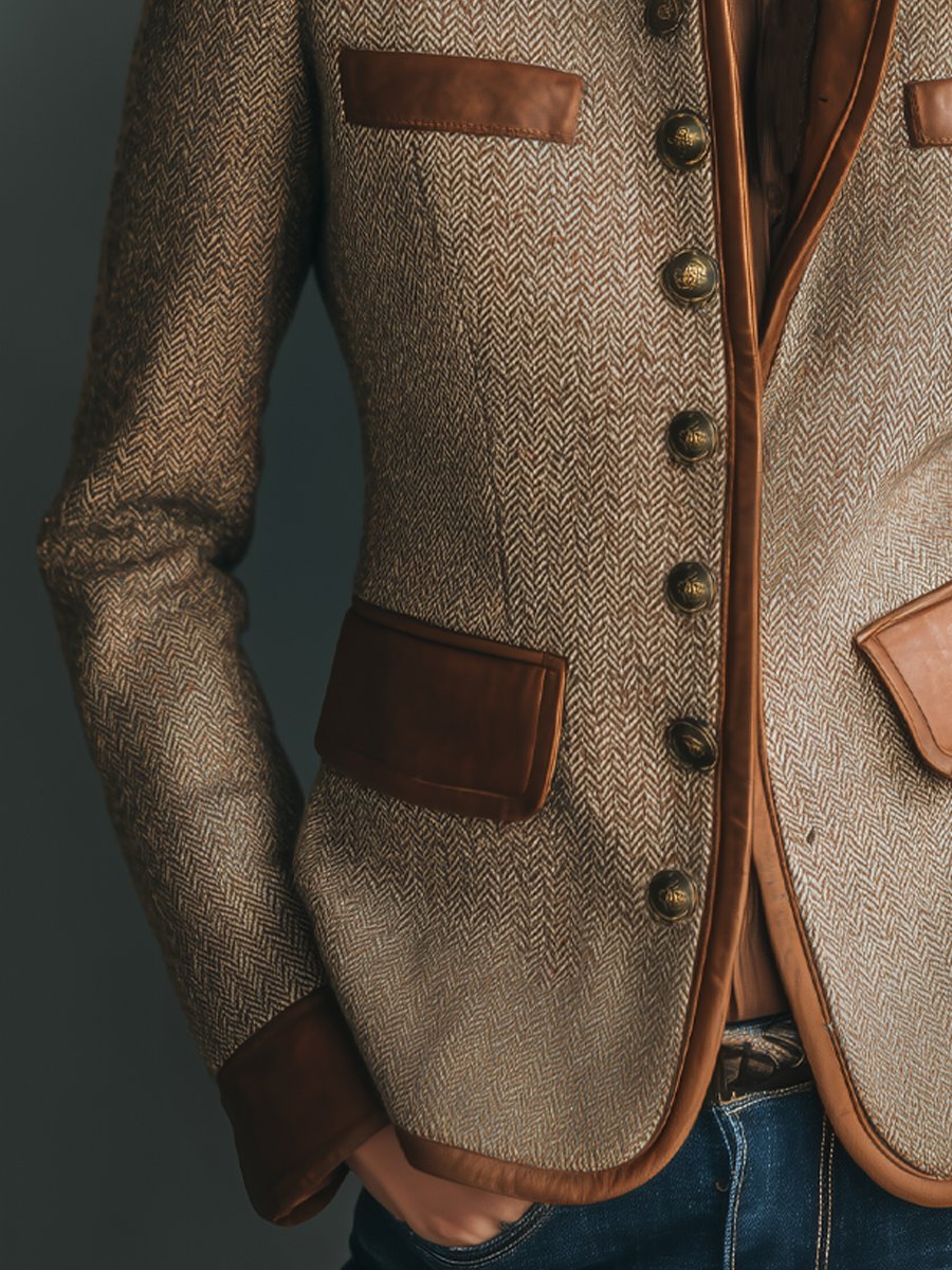 Women's Herringbone Tweed Leather-Trim Jacket