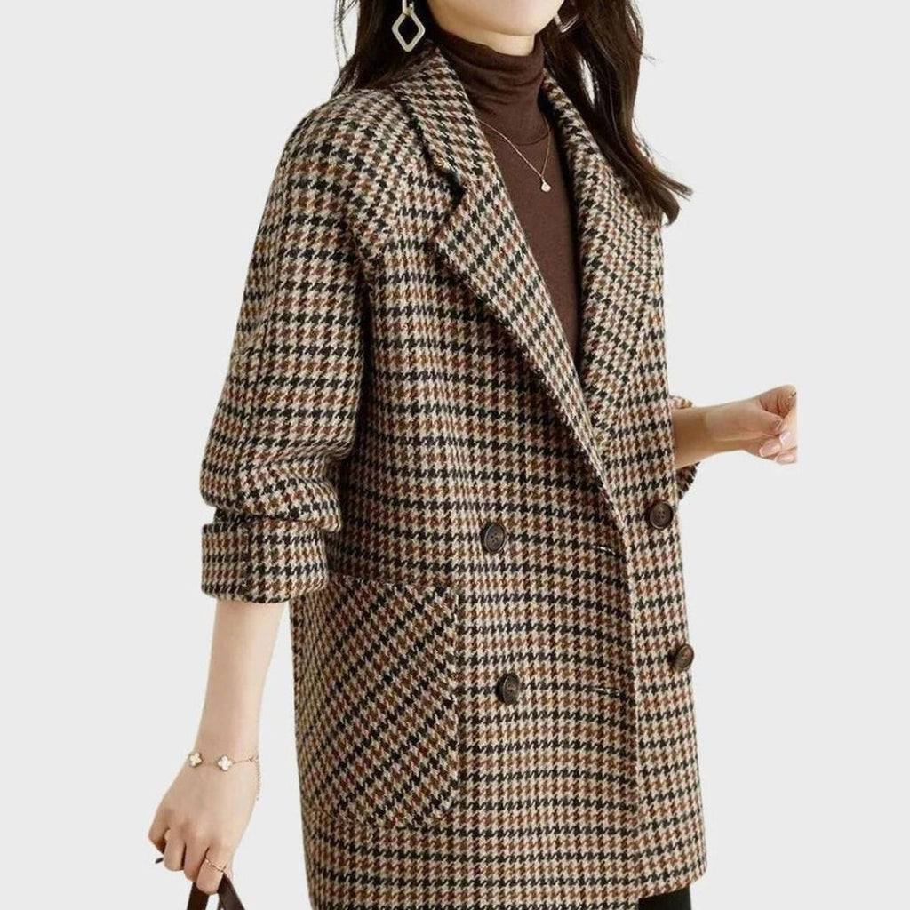 Women's Houndstooth Double-Breasted Wool-Blend Coat - Coffee