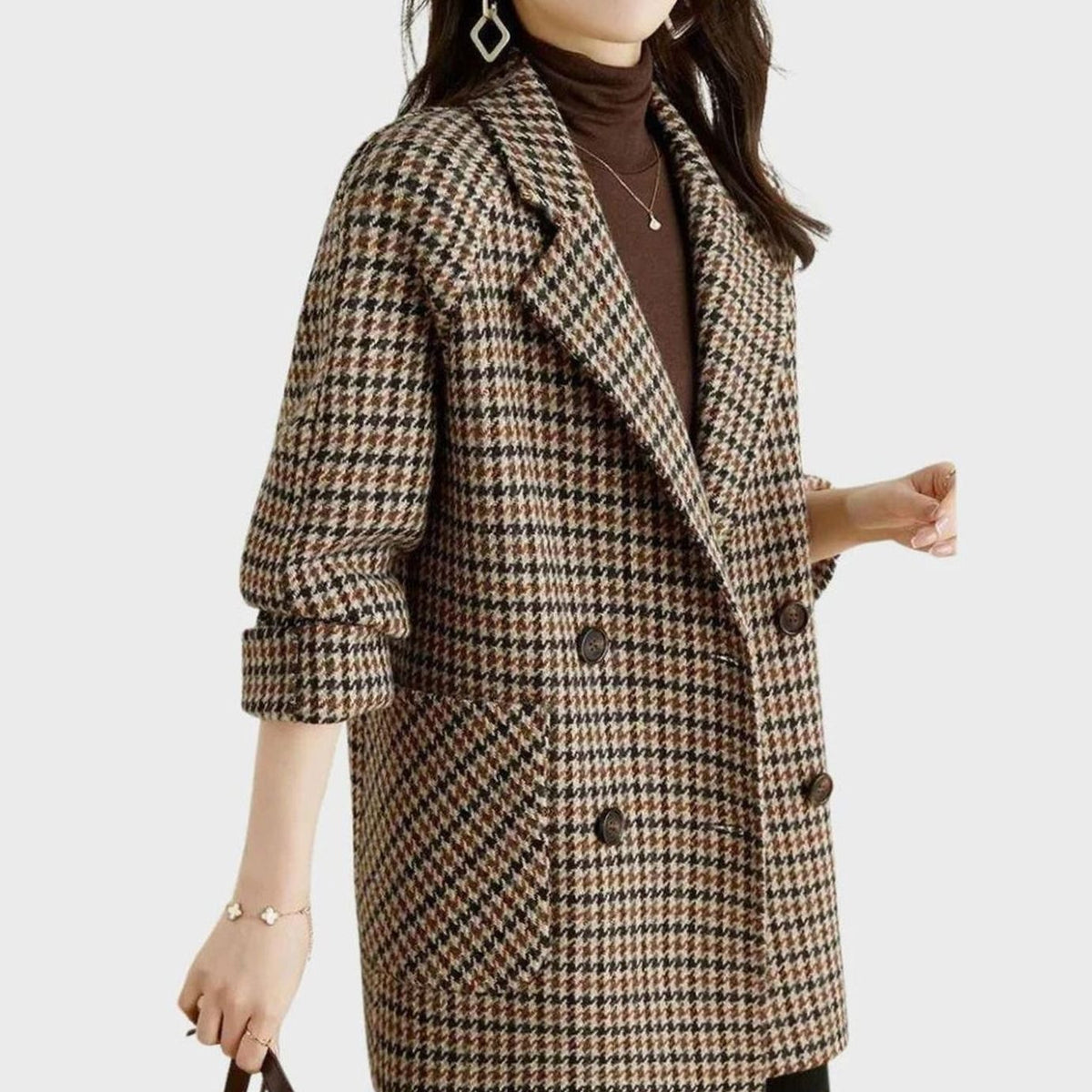 Women's Houndstooth Double-Breasted Wool-Blend Coat - Coffee