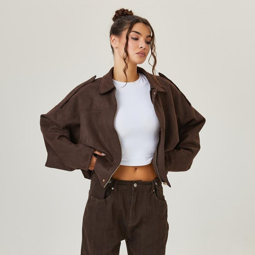 Women's Oversized Faux Suede Bomber Jacket - Brown