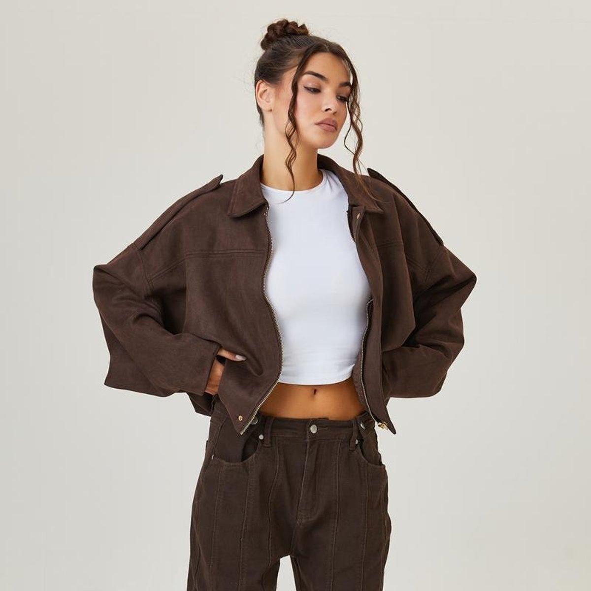 Women's Oversized Faux Suede Bomber Jacket - Brown