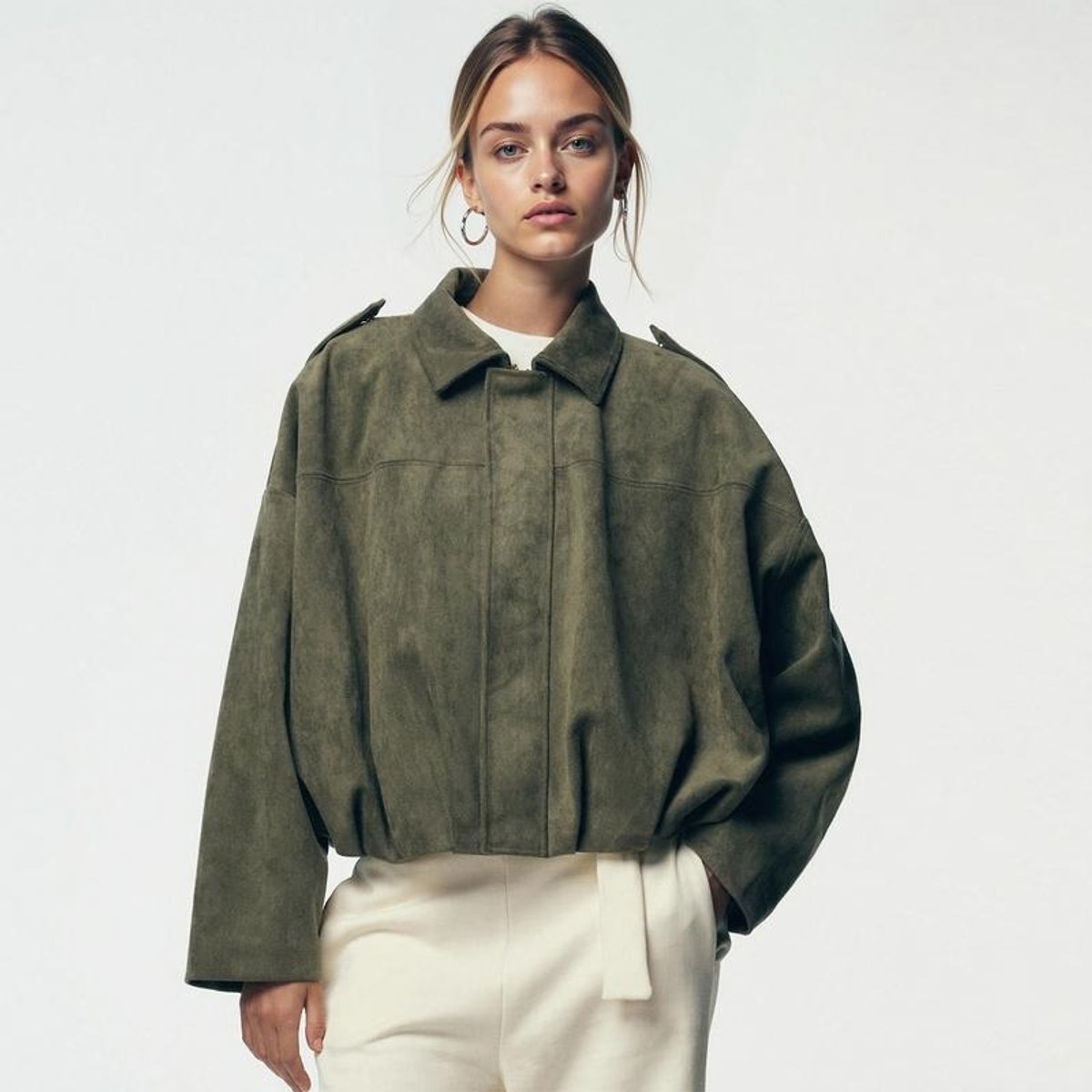 Women's Oversized Faux Suede Bomber Jacket - Olive