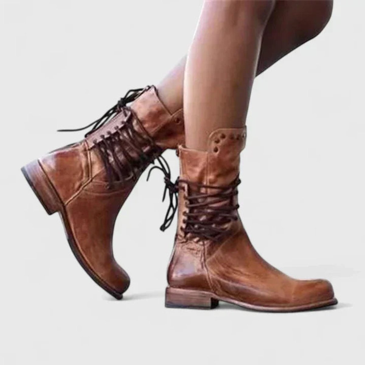 Women's Vintage Lace-Up Studded Knee High Boots Block Heel