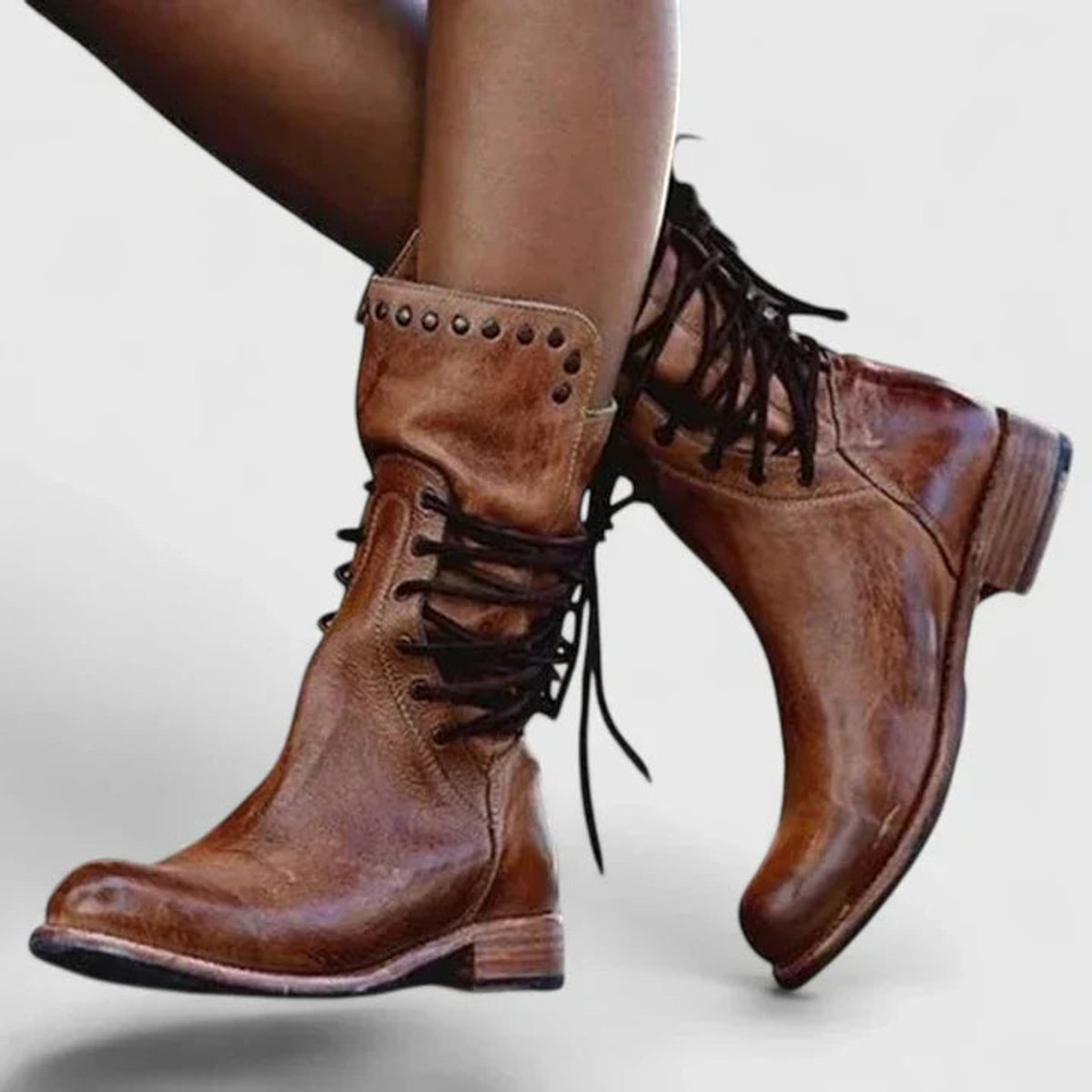 Women's Vintage Lace-Up Studded Knee High Boots Block Heel