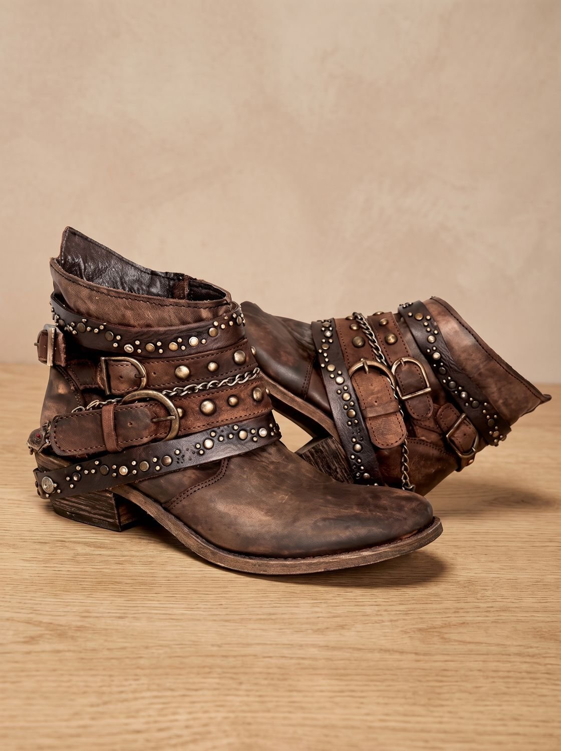 Women's Vintage Studded Buckle-Strap Western Ankle Boots