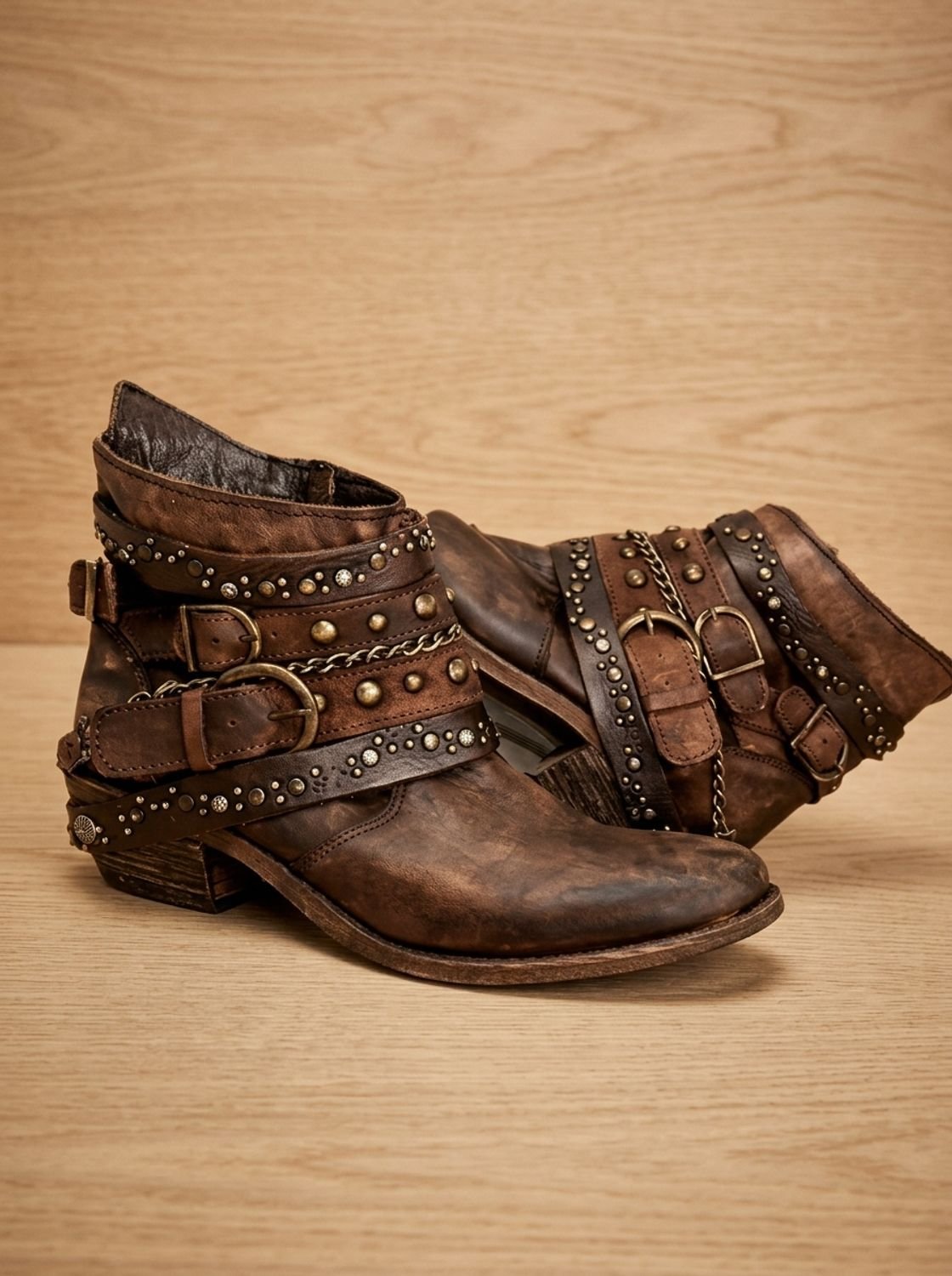 Women's Vintage Studded Buckle-Strap Western Ankle Boots