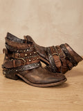 Women's Vintage Studded Buckle-Strap Western Ankle Boots - Brown