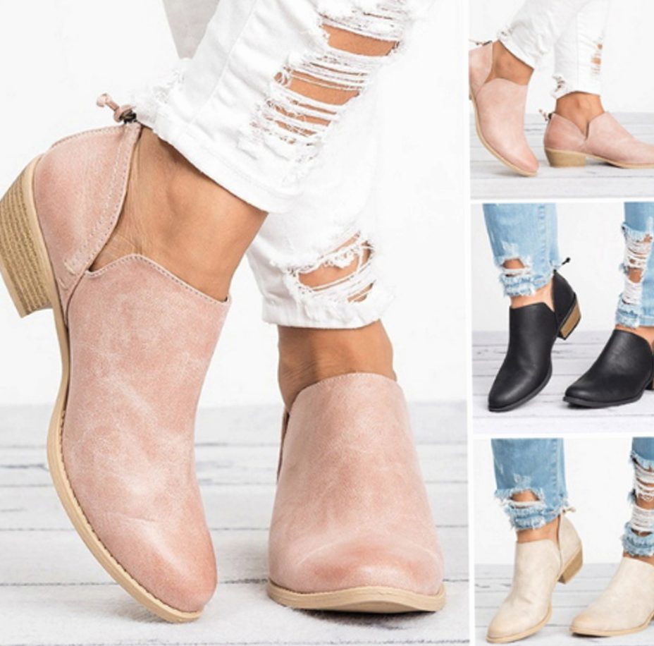 Women's Vintage Pointed-Toe Slip-On Block Heel Ankle Boots