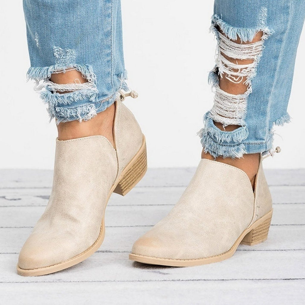 Women's Vintage Pointed-Toe Slip-On Block Heel Ankle Boots - Beige