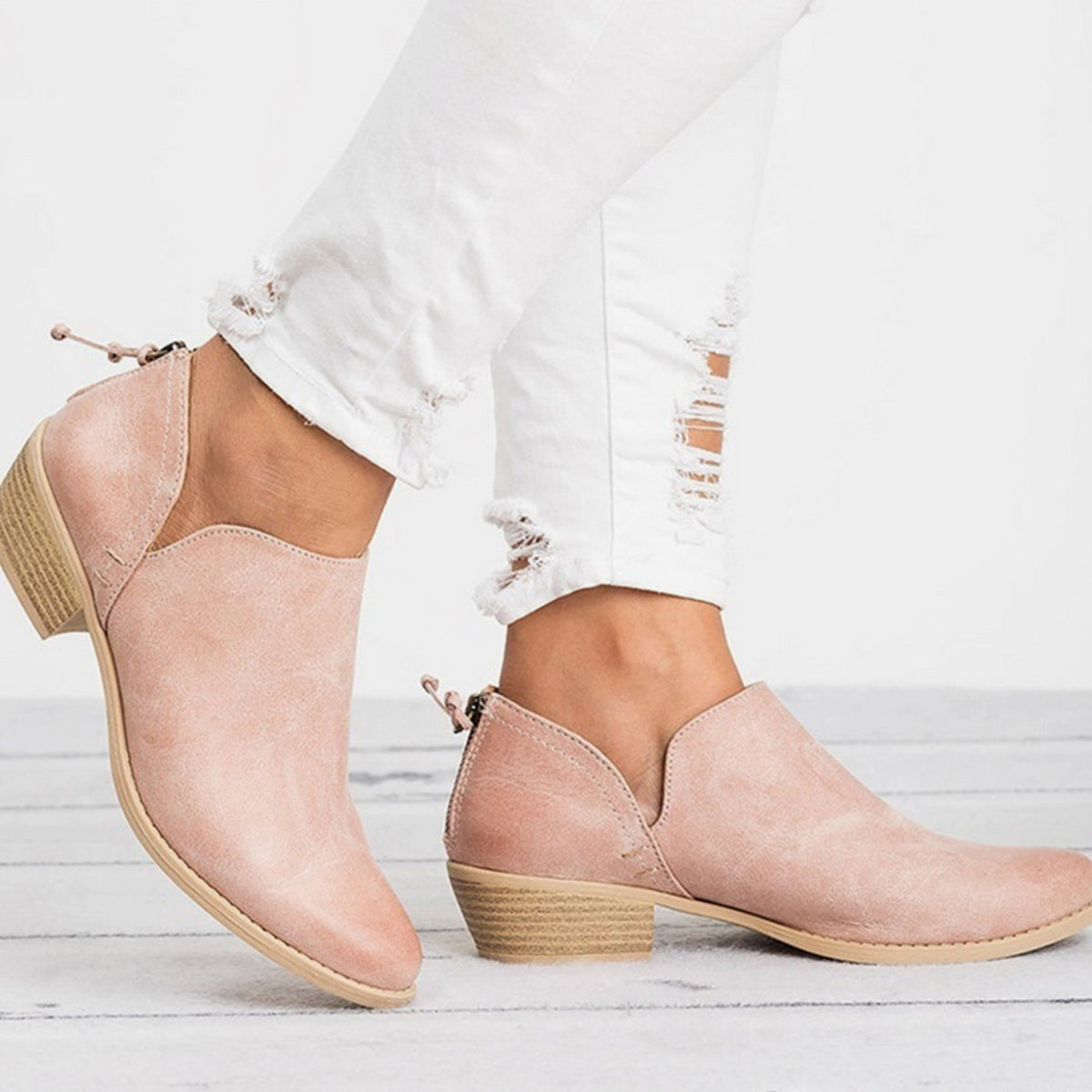 Women's Vintage Pointed-Toe Slip-On Block Heel Ankle Boots - Pink