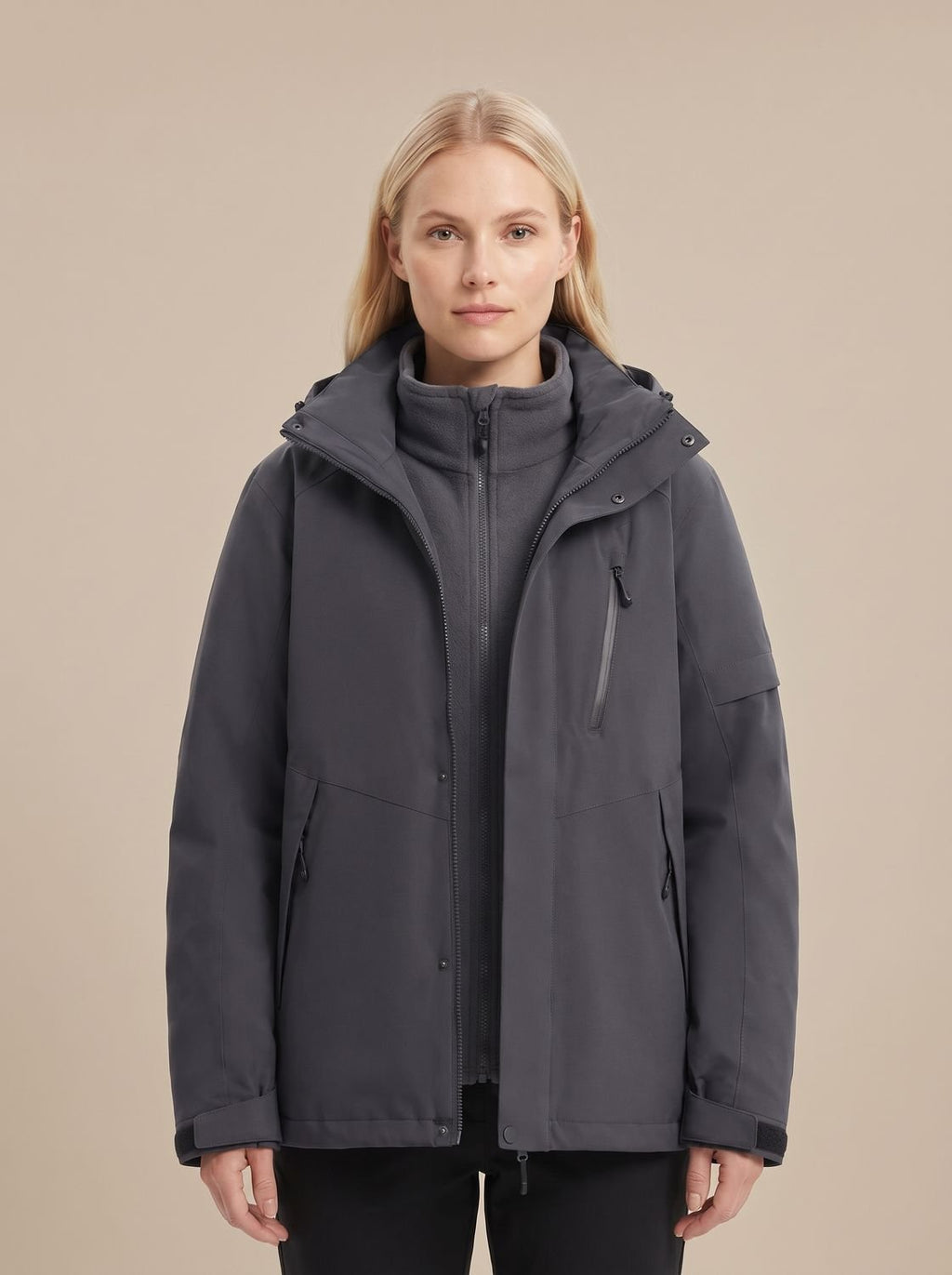 Women's Water-Repellent Winter Jacket with Detachable Hood - Black