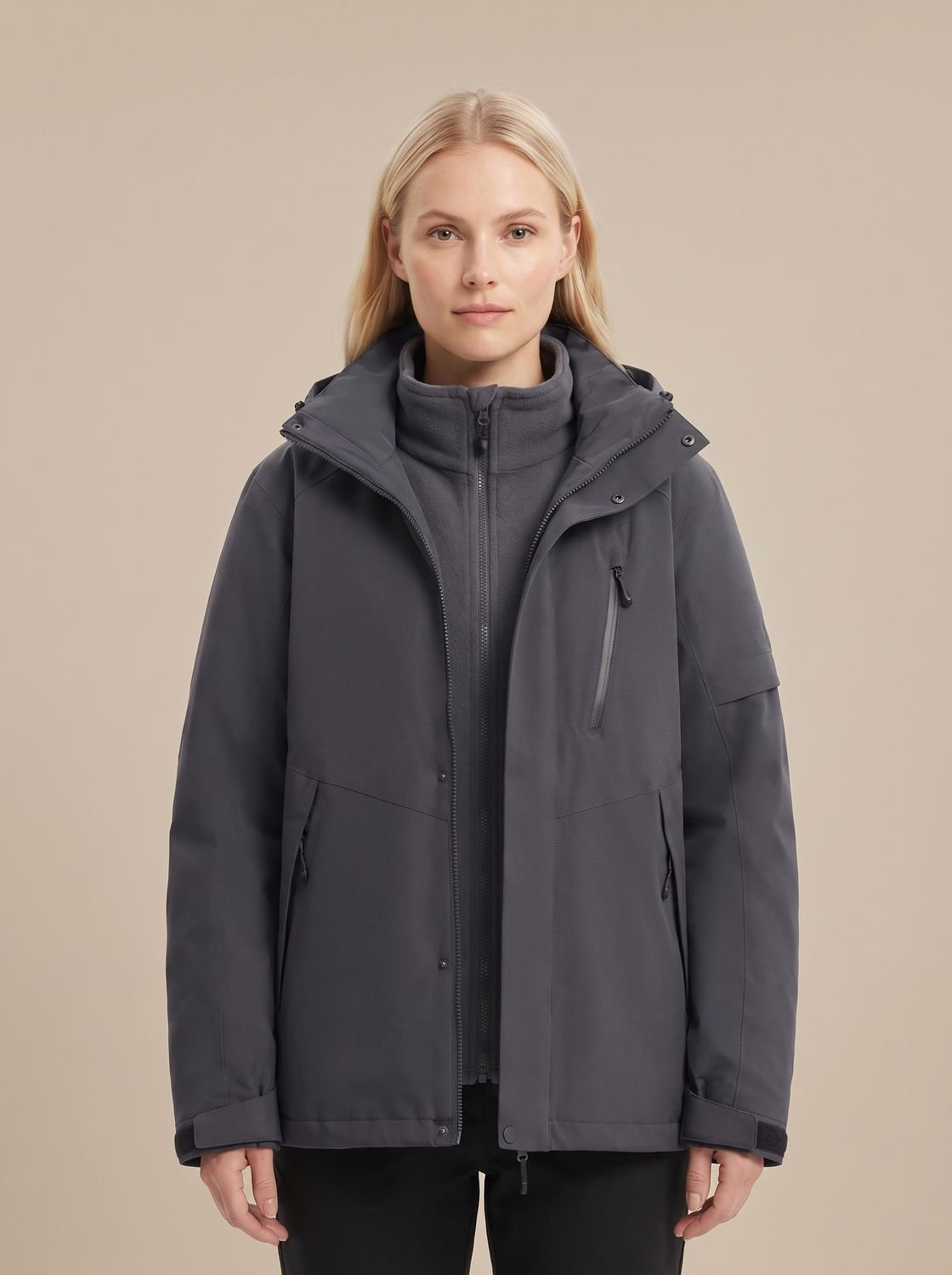 Women's Water-Repellent Winter Jacket with Detachable Hood - Black
