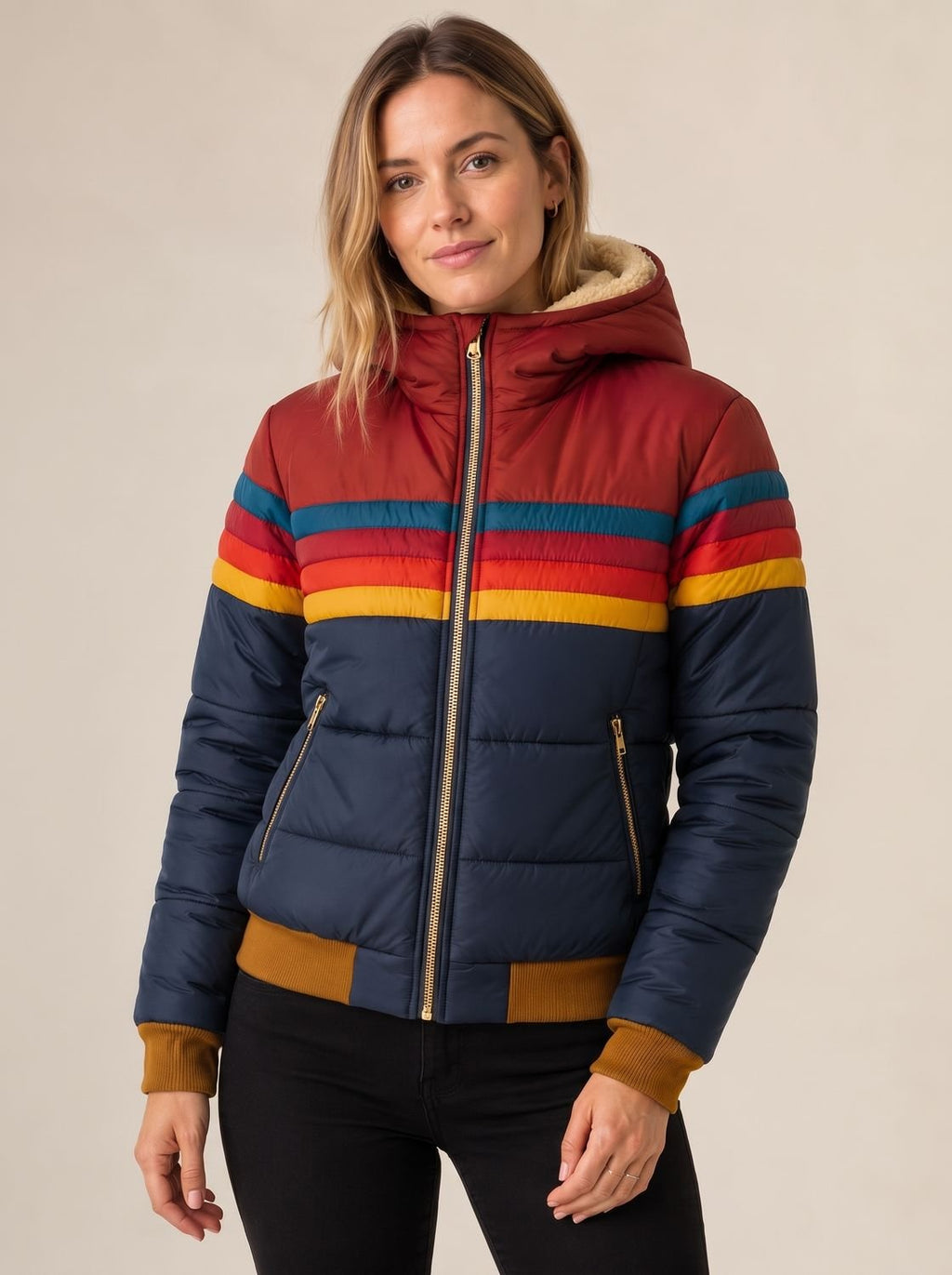 Women's Waterproof Retro Stripe Color-Block Puffer Jacket - Navy