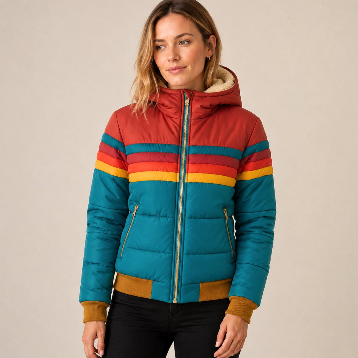 Women's Waterproof Retro Stripe Color-Block Puffer Jacket - Blue