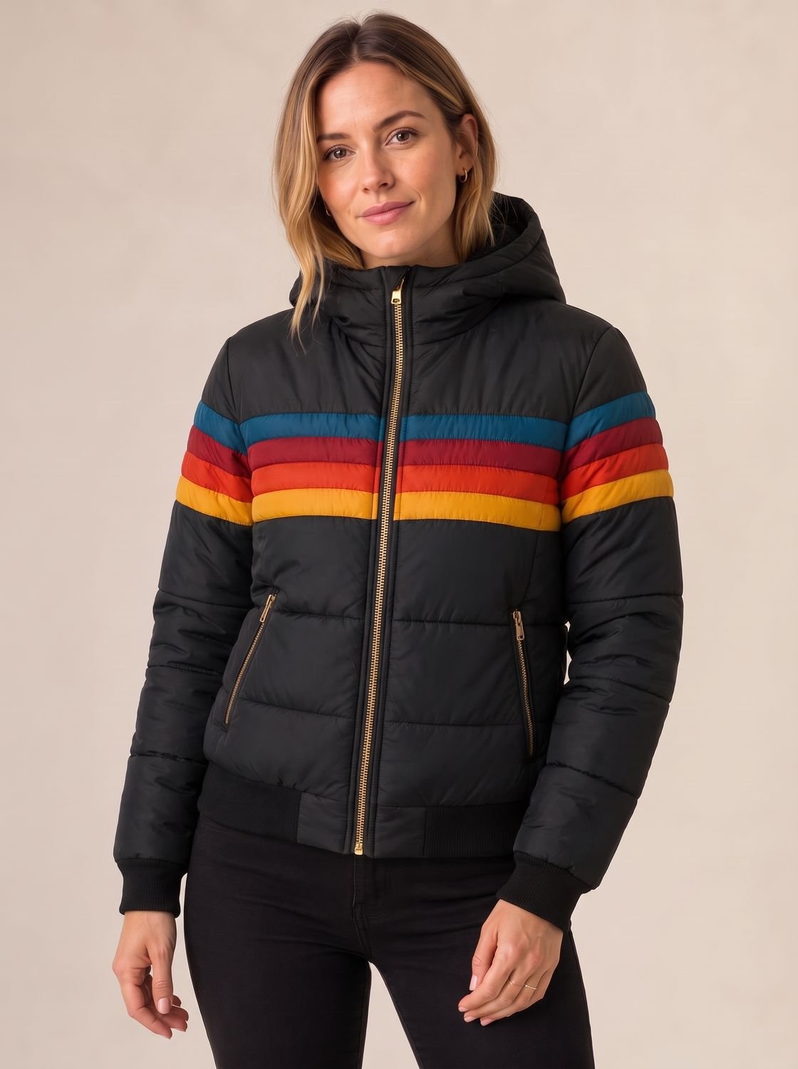 Women's Waterproof Retro Stripe Color-Block Puffer Jacket - Black
