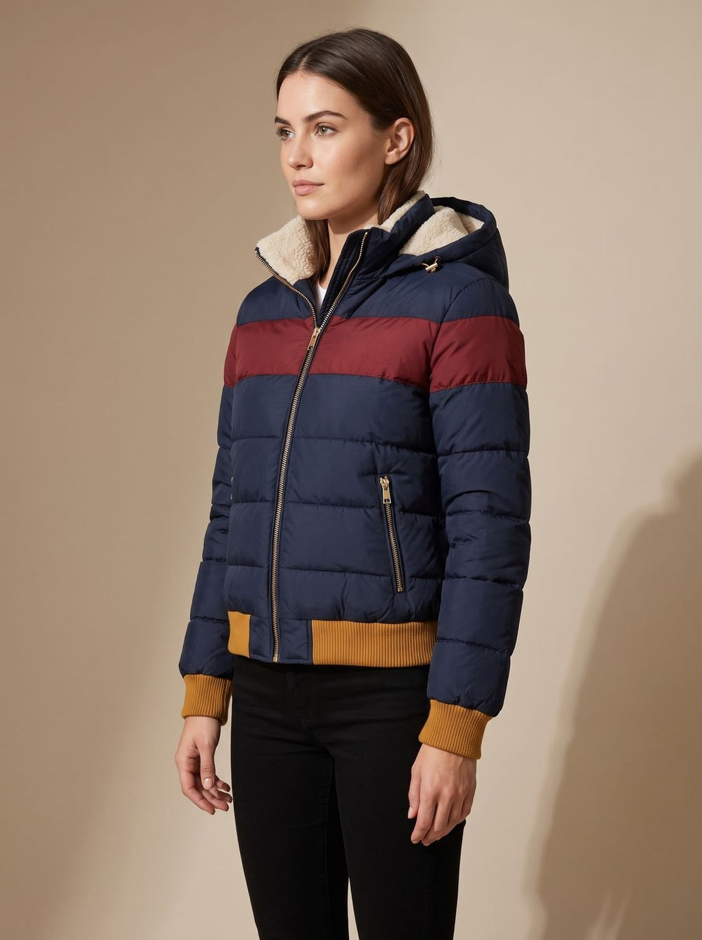 Women's Waterproof Retro Stripe Color-Block Puffer Jacket