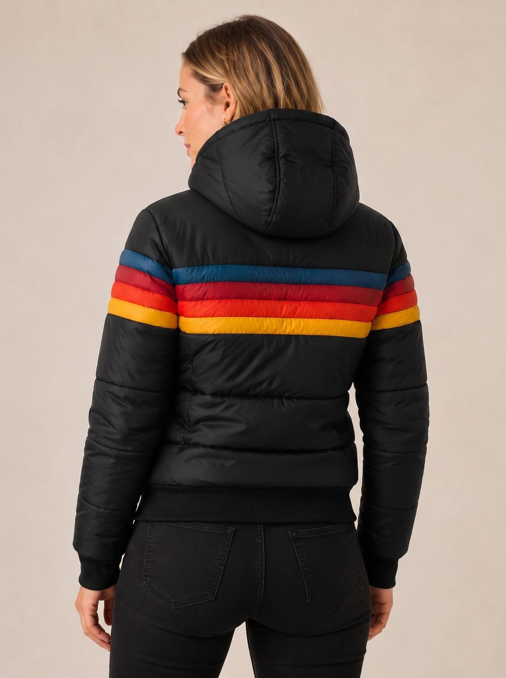 Women's Waterproof Retro Stripe Color-Block Puffer Jacket