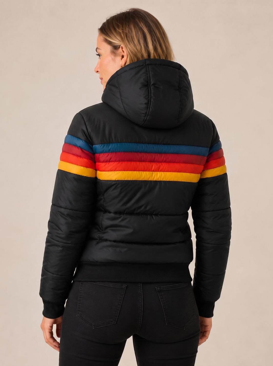 Women's Waterproof Retro Stripe Color-Block Puffer Jacket